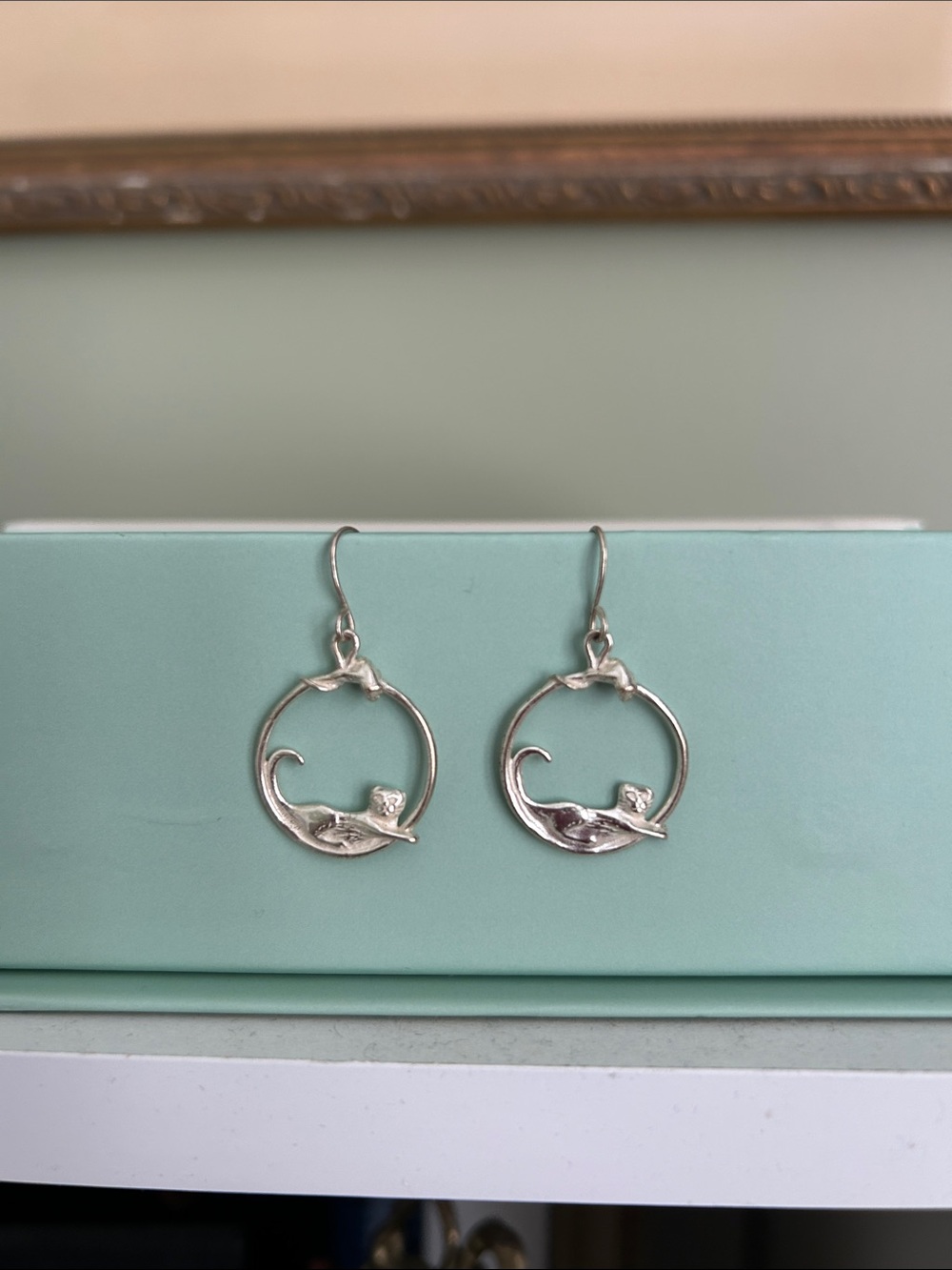 Silver Cat Hoop Dangle Earrings - Sleek Animal Silhouette